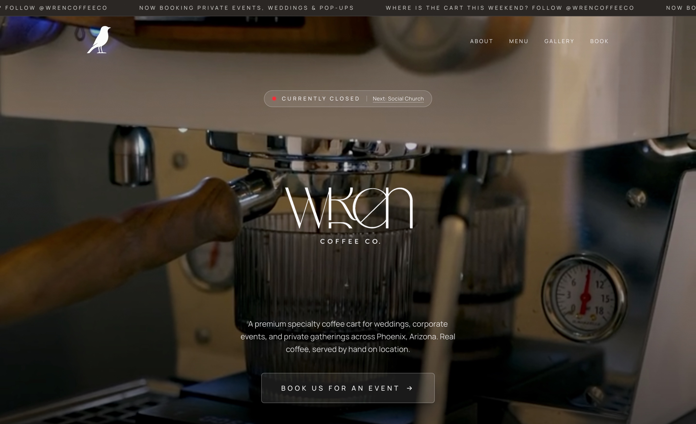 Wren Coffee Co. website hero — premium specialty coffee cart in Phoenix, Arizona